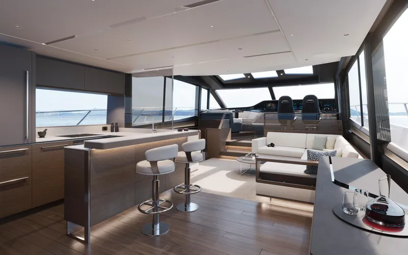 Slide: The Image of Luxurious interior of 2025 Princess S80 yacht with modern design and panoramic windows. - 19