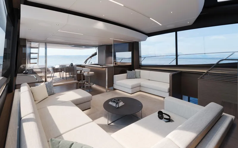Slide: The Image of Luxurious interior of 2025 Princess S80 yacht with modern furnishings and ocean view. - 21