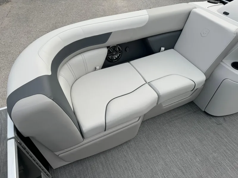 Slide: The Image of Luxurious seating on 2025 Sweetwater 2086 BF boat, featuring sleek gray upholstery. - 3
