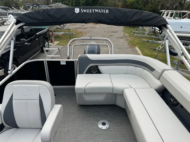 Slide: The Image of 2025 Sweetwater 2086 BF pontoon boat with spacious seating and canopy. - 8