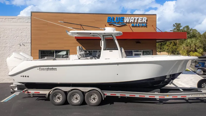 The Image of 2025 Everglades 315 Center Console boat on trailer at Blue Water Marine. - 1
