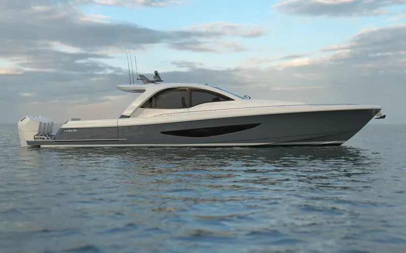Slide: The Image of 2026 Valhalla Boatworks 55 Sport Yacht on calm water under cloudy sky. - 3