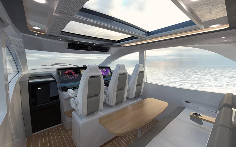 Slide: The Image of Luxurious interior of 2026 Valhalla Boatworks 55 Sport Yacht with panoramic windows and modern seating. - 6