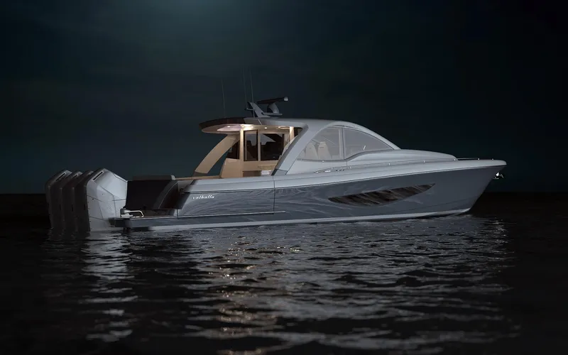 Slide: The Image of 2026 Valhalla Boatworks 55 Sport Yacht on calm water at night. - 5