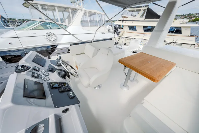 Slide: The Image of 2024 Beneteau Swift Trawler 41 interior with helm, seating, and table. - 16