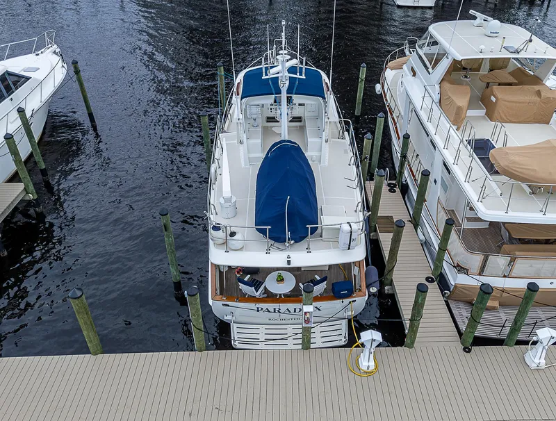 Slide: The Image of Kadey-Krogen Krogen North Sea 2004 yacht docked at marina, aerial view. - 4