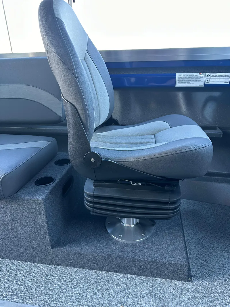 Slide: The Image of 2025 Spartan 240 Maximus Pro seat, ergonomic design, gray upholstery, mounted on adjustable base. - 15