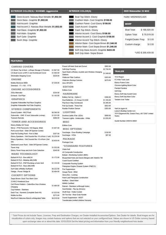Slide: The Image of 2025 Malibu 23 MXZ features and options list with pricing details. - 19