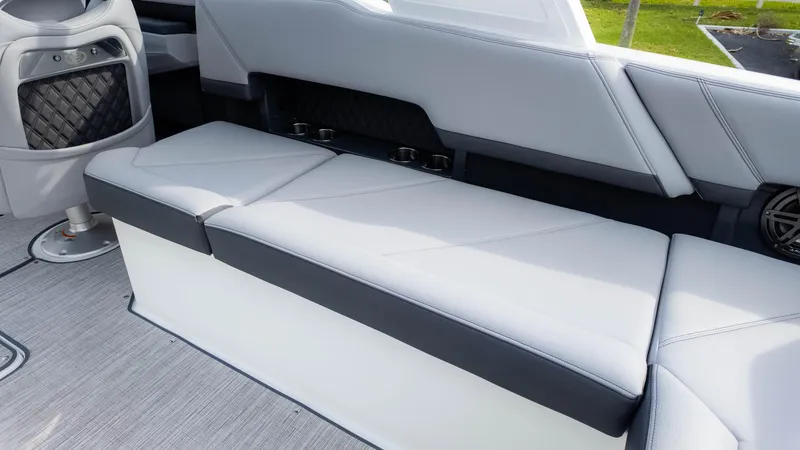 Slide: The Image of 2025 Cobalt R8 Outboard boat interior with sleek, modern seating design. - 14
