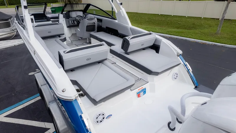 Slide: The Image of 2025 Cobalt R8 Outboard boat interior with sleek seating and modern design. - 6