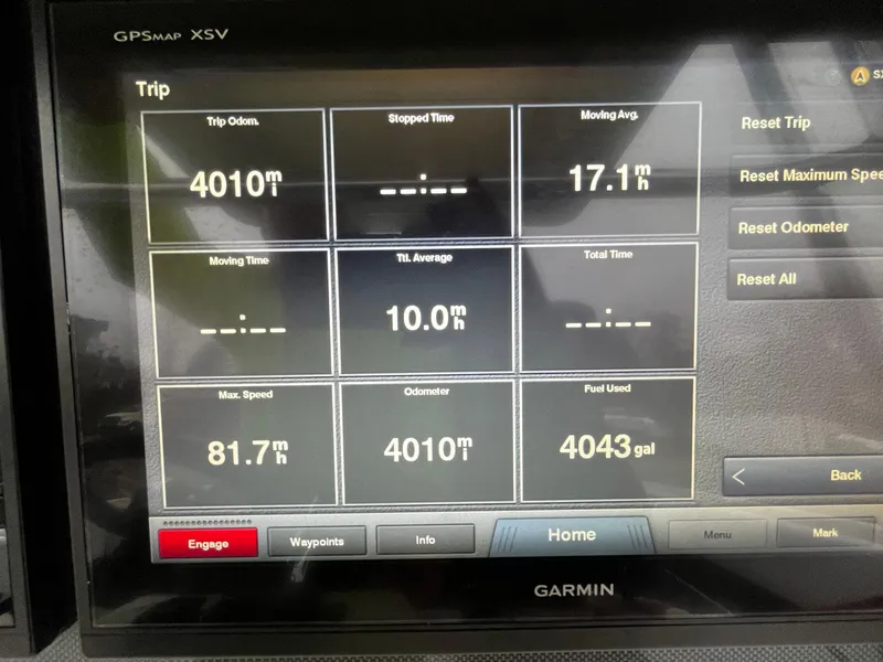 Slide: The Image of Garmin GPS display showing trip data for Fountain 38 CC Tournament Edition, 2011 model. - 19
