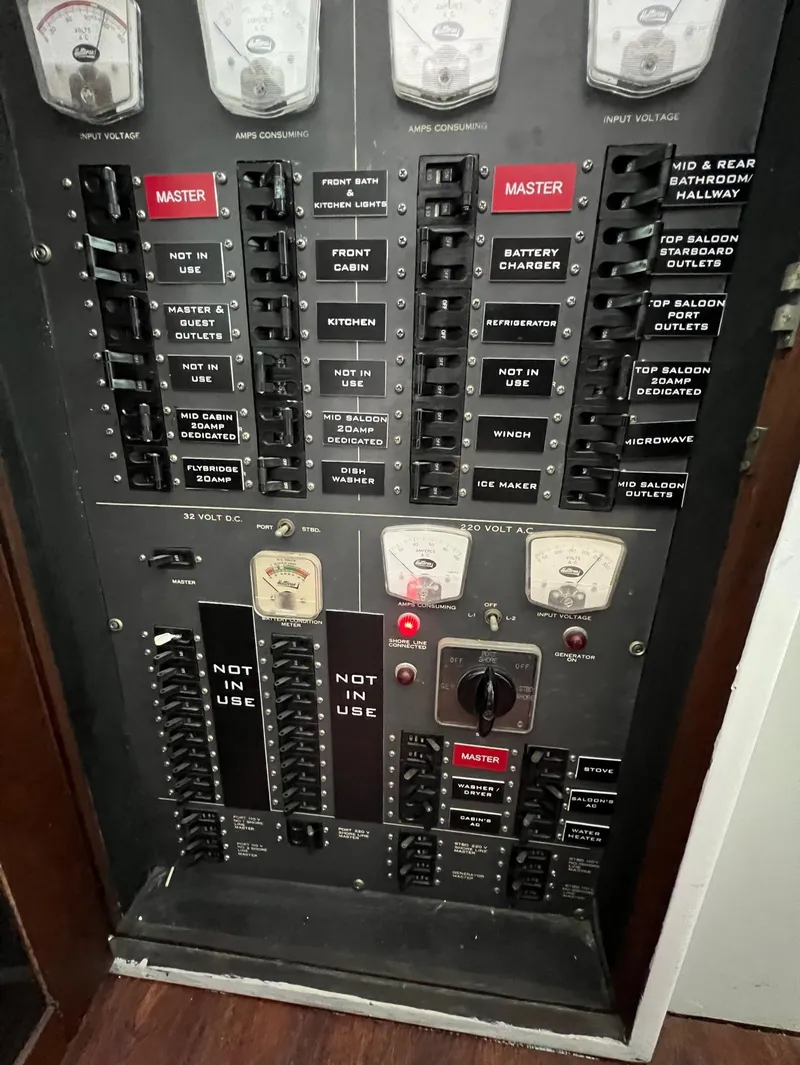 Slide: The Image of Electrical panel of a 1975 Hatteras 58 Motor Yacht with labeled switches and meters. - 44