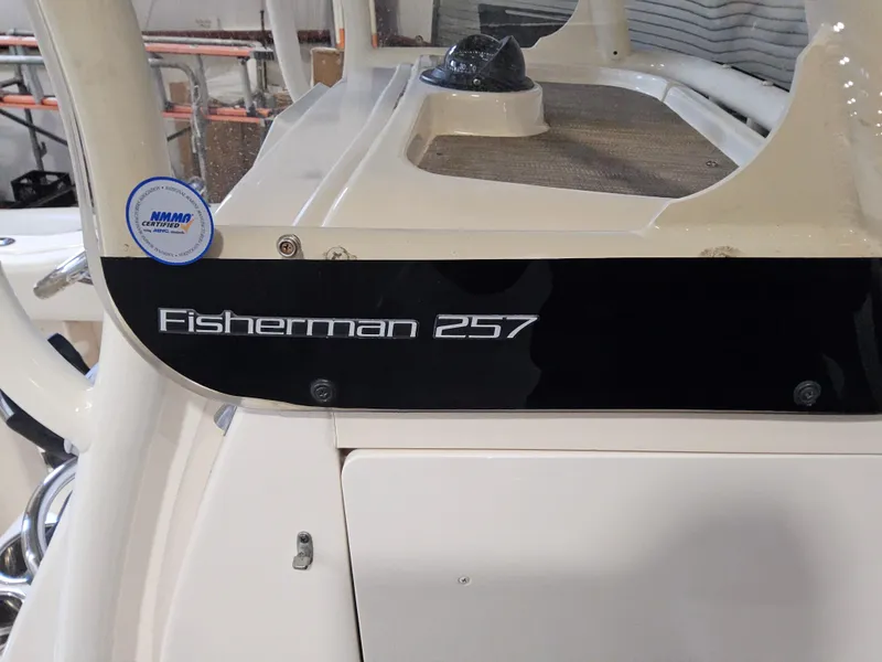 Slide: The Image of 2022 Grady-White Fisherman 257 boat detail, showcasing model name on the side. - 14
