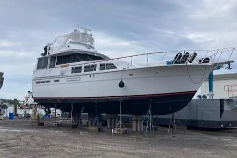 Slide: The Image of 1977 Bertram 58 Motor Yacht on dry dock, ready for maintenance. - 3