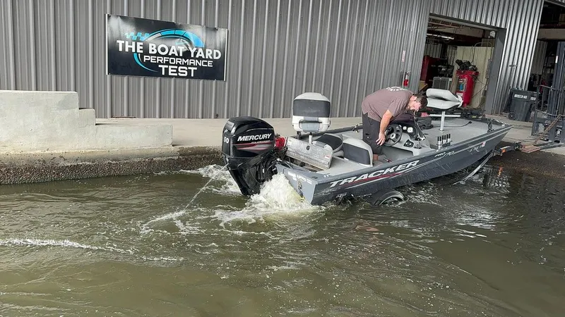 Slide: The Image of 2018 Tracker Pro 170 boat undergoing performance test at The Boat Yard. - 19