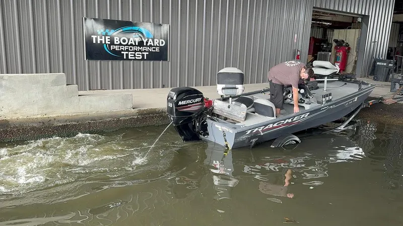 Slide: The Image of 2018 Tracker Pro 170 boat undergoing performance test at boat yard. - 20