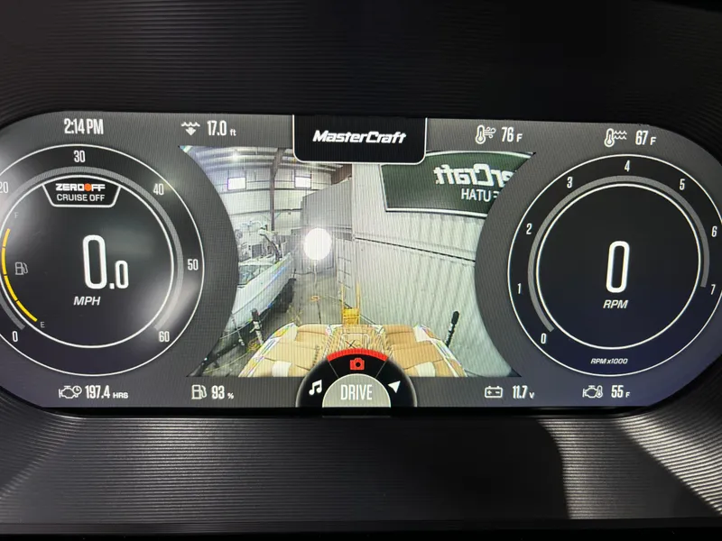 Slide: The Image of Dashboard display of a 2024 MasterCraft X24 boat showing speed, RPM, and camera view. - 15