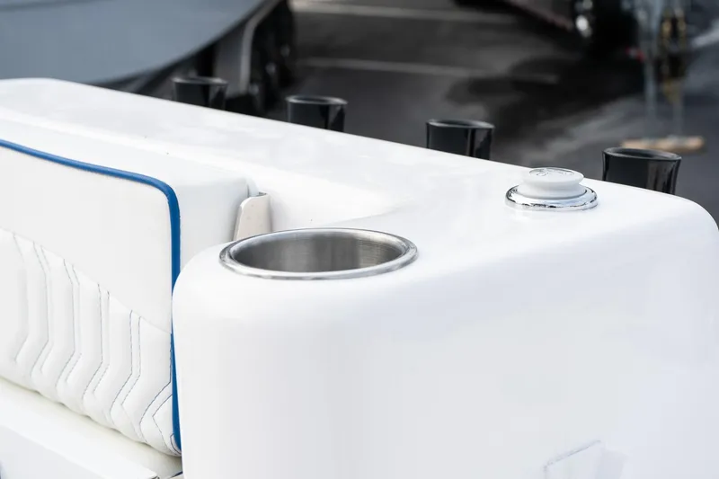 Slide: The Image of Close-up of 2025 Twin Vee 280 GFX2 CC boat console with cup holder. - 21