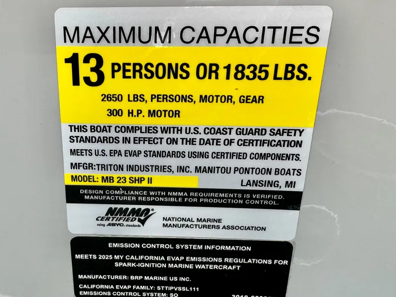 Slide: The Image of Capacity label for 2025 Manitou 23 LX RFXW boat, 13 persons or 1835 lbs, 300 HP motor. - 32