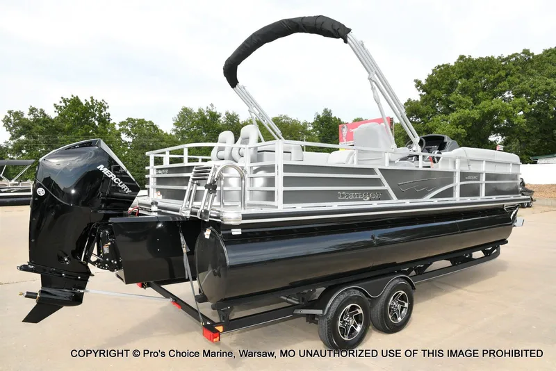 Slide: The Image of 2025 Ranger 223FC pontoon boat with 200HP Mercury 4 Stroke engine on trailer. - 12