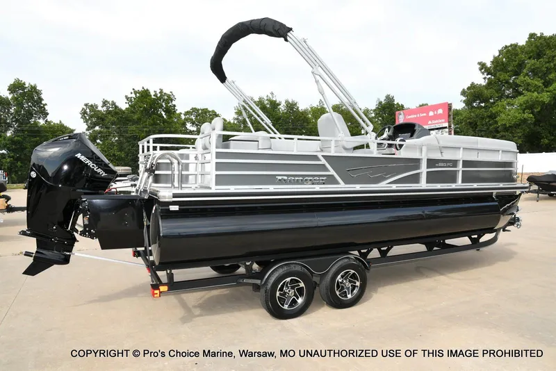 Slide: The Image of 2025 Ranger 223FC pontoon boat with 200HP Mercury 4 Stroke engine on trailer. - 13