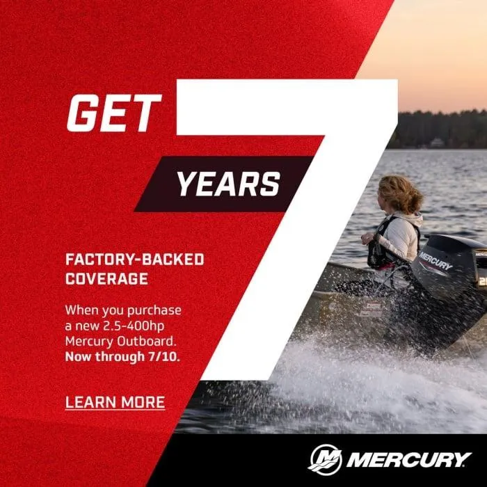 Slide: The Image of 2025 Ranger 223FC with Mercury 4 Stroke, 7-year coverage offer, lake boating scene. - 3