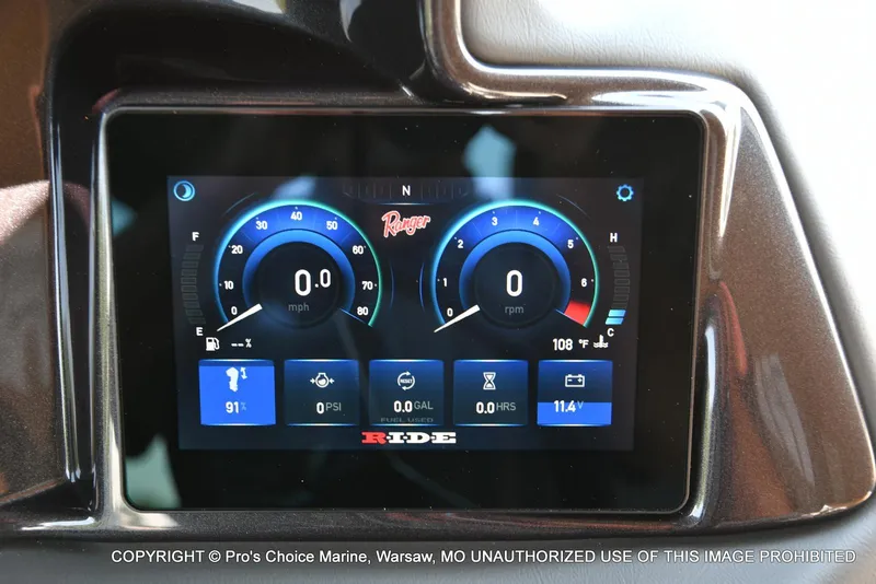 Slide: The Image of Dashboard display of 2025 Ranger 223FC boat with Mercury 4 Stroke engine. - 6