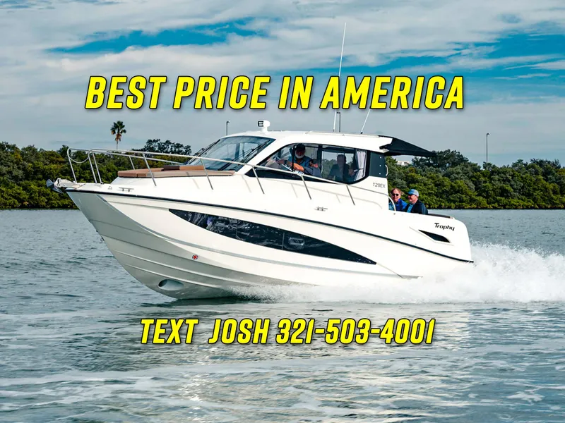 The Image of 2025 Bayliner Trophy T29EX cruising on water, promotional text overlay. - 0