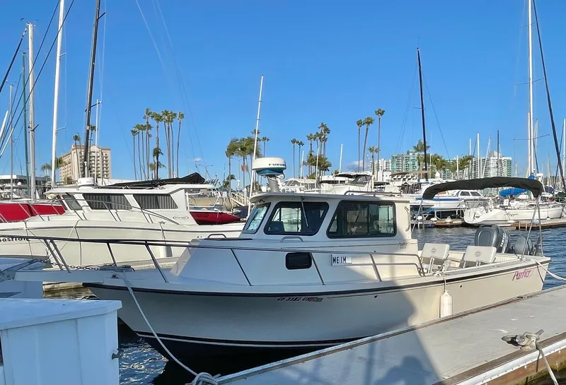 Slide: The Image of 2001 Parker 2502 boat docked in a marina with clear blue skies. - 2
