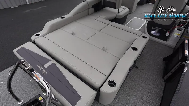 Slide: The Image of 2025 Barletta C22U pontoon boat interior with gray seating and cup holders. - 14