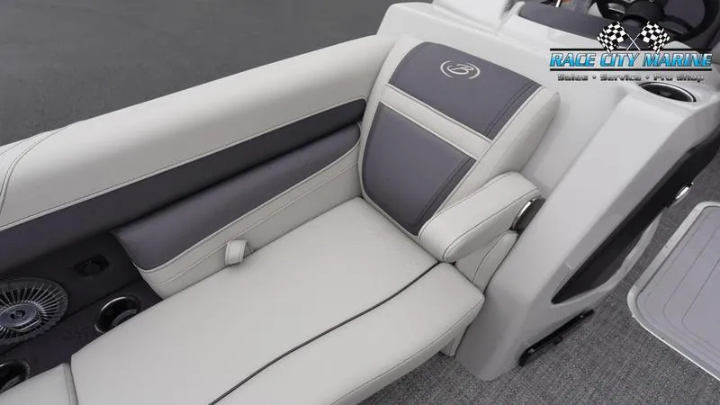 Slide: The Image of 2025 Barletta C22U boat interior with gray and white seating, Race City Marine logo. - 46