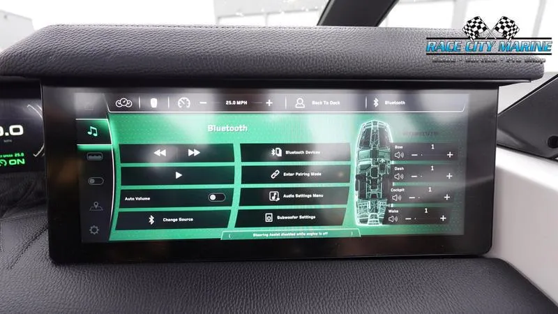 Slide: The Image of 2025 Nautique Super Air Nautique G23 Paragon touchscreen display with Bluetooth and audio settings. - 48
