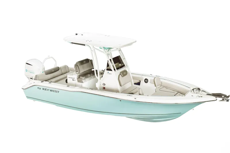 The Image of Key West 239 FS boat 2025, white and blue, side view. - 0