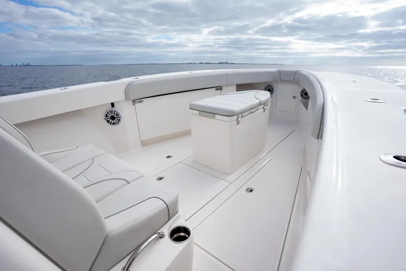 Slide: The Image of 2022 SeaVee 370z boat interior with seating and ocean view. - 17