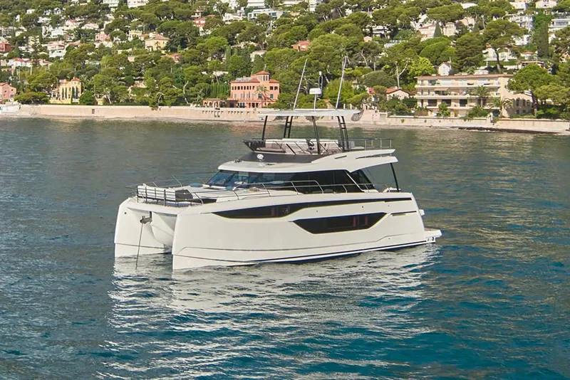 Slide: The Image of Luxurious 2026 Prestige M48 yacht with spacious deck and elegant seating area. - 1