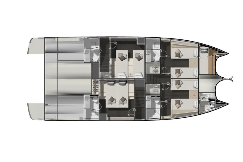 Slide: The Image of Aerial view of 2026 Prestige M48 yacht on calm water. - 14