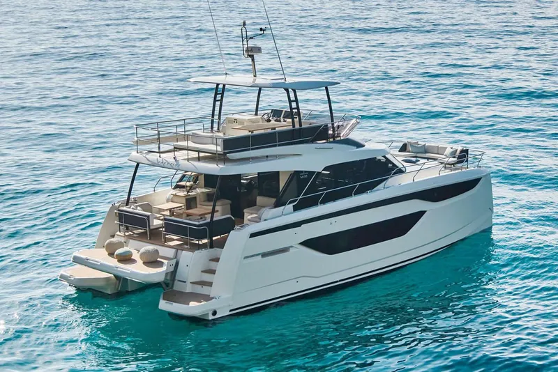 Slide: The Image of Luxurious 2026 Prestige M48 yacht interior with elegant seating and ocean view. - 2