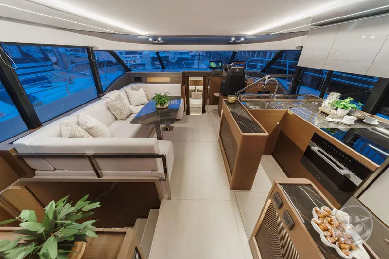 Slide: The Image of Luxurious interior of 2026 Prestige M48 yacht with modern design and elegant furnishings. - 33