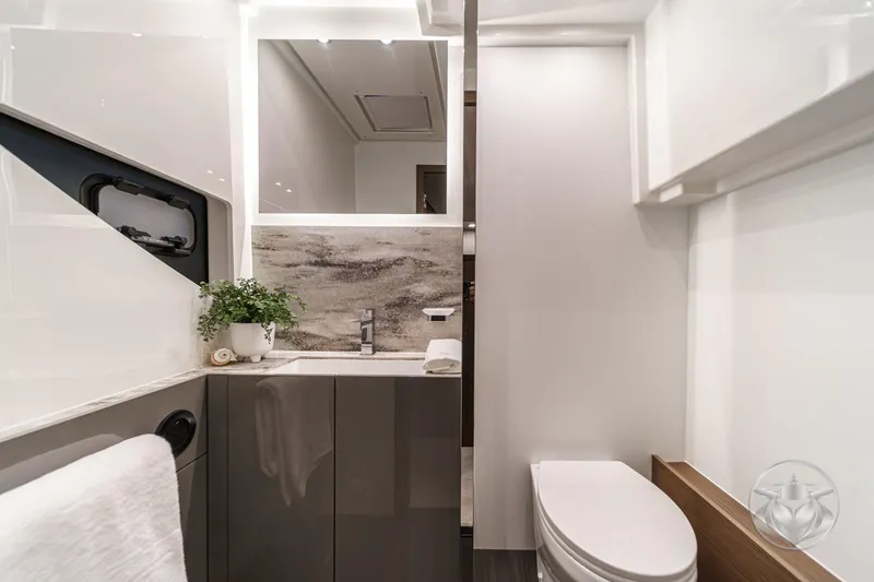 Slide: The Image of Modern bathroom interior in 2026 Prestige M48 yacht, featuring sleek design and elegant fixtures. - 45