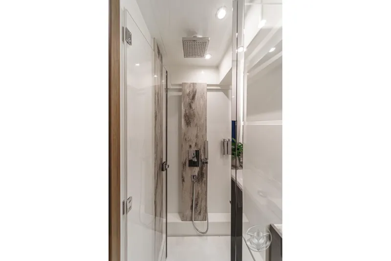 Slide: The Image of Modern shower in 2026 Prestige M48 yacht, featuring sleek design and luxury fixtures. - 50