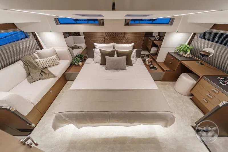 Slide: The Image of Luxurious bedroom interior of 2026 Prestige M48 yacht with modern design and elegant furnishings. - 52