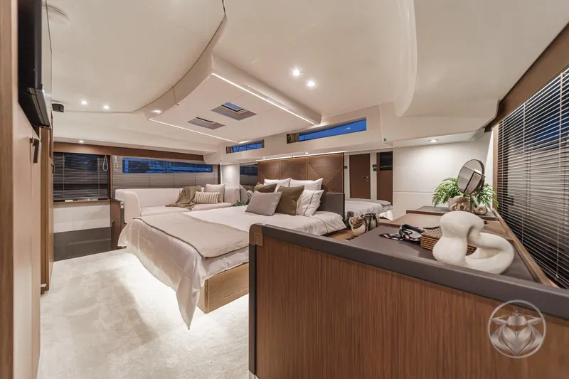 Slide: The Image of Luxurious interior of 2026 Prestige M48 yacht with elegant bedroom design. - 54