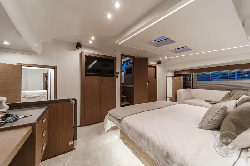 Slide: The Image of Luxurious interior of 2026 Prestige M48 yacht, featuring modern design and elegant furnishings. - 55