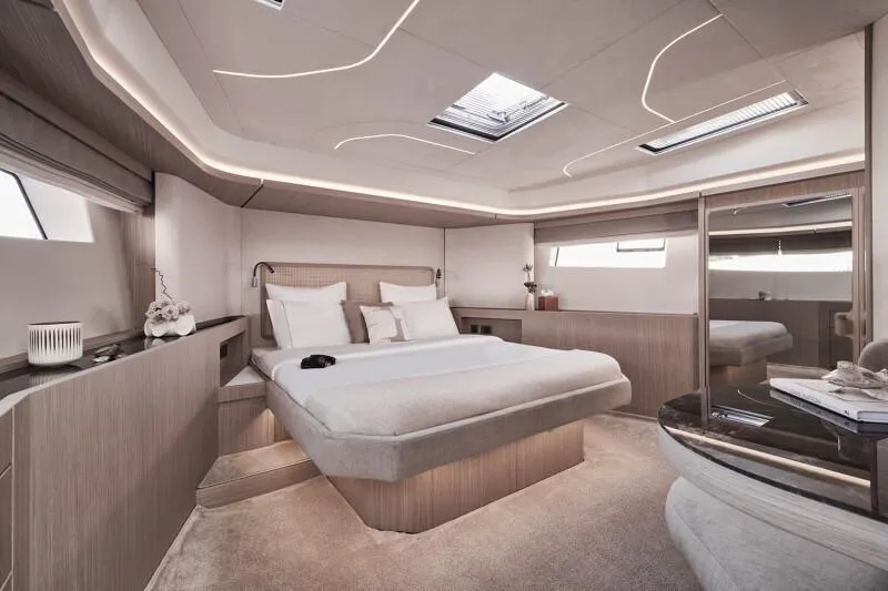 Slide: The Image of Outdoor kitchen on Prestige F5.7 yacht, featuring grill and sink, docked at marina, 2026 model. - 23