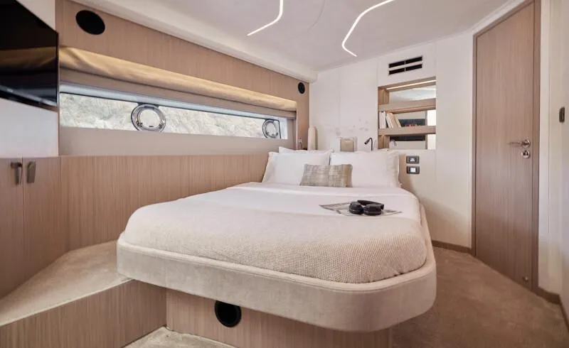 Slide: The Image of Luxurious 2026 Prestige F5.7 yacht interior with elegant seating and waterfront view. - 29