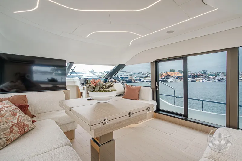 Slide: The Image of Luxurious interior of 2026 Prestige F5.7 yacht with modern design and waterfront view. - 38