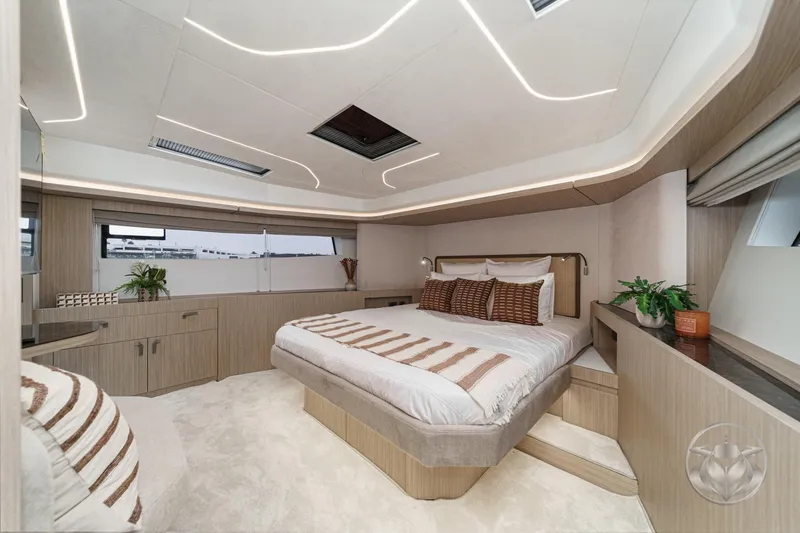 Slide: The Image of Luxurious bedroom interior of 2026 Prestige F5.7 yacht with modern design and ambient lighting. - 42
