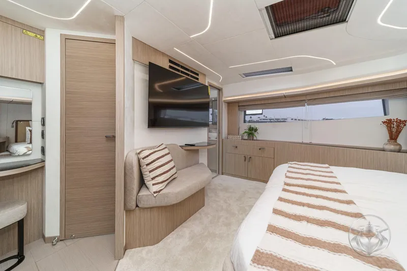Slide: The Image of Luxurious interior of 2026 Prestige F5.7 yacht with modern design and elegant furnishings. - 45