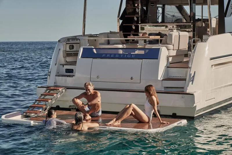 Slide: The Image of Luxurious 2026 Prestige F5.7 yacht bathroom with dual sinks and modern shower. - 7