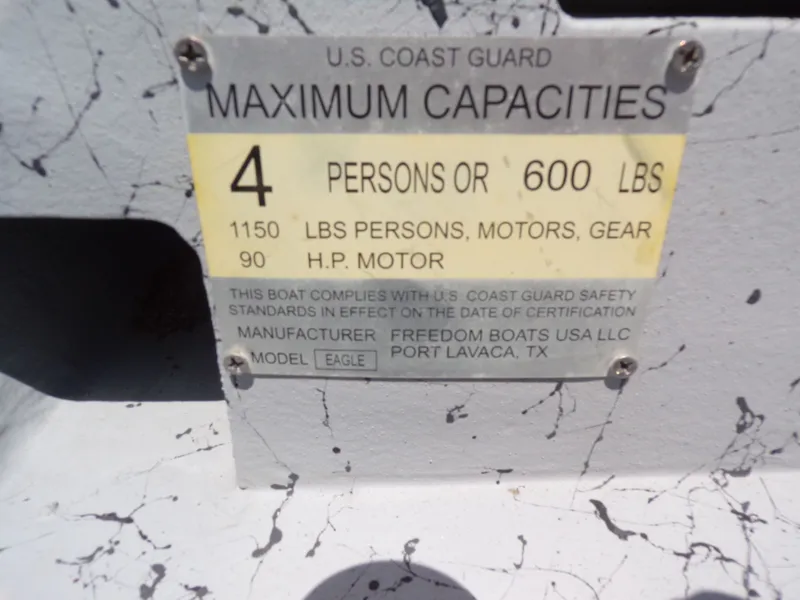 Slide: The Image of US Coast Guard capacity label for Freedom Eagle 16 boat. - 30